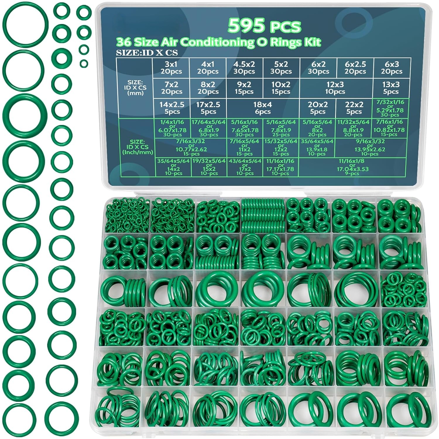 595 PCS Air Conditioning O Ring Kit, 36 Size Seal Rubber O-Rings Assortment Set 