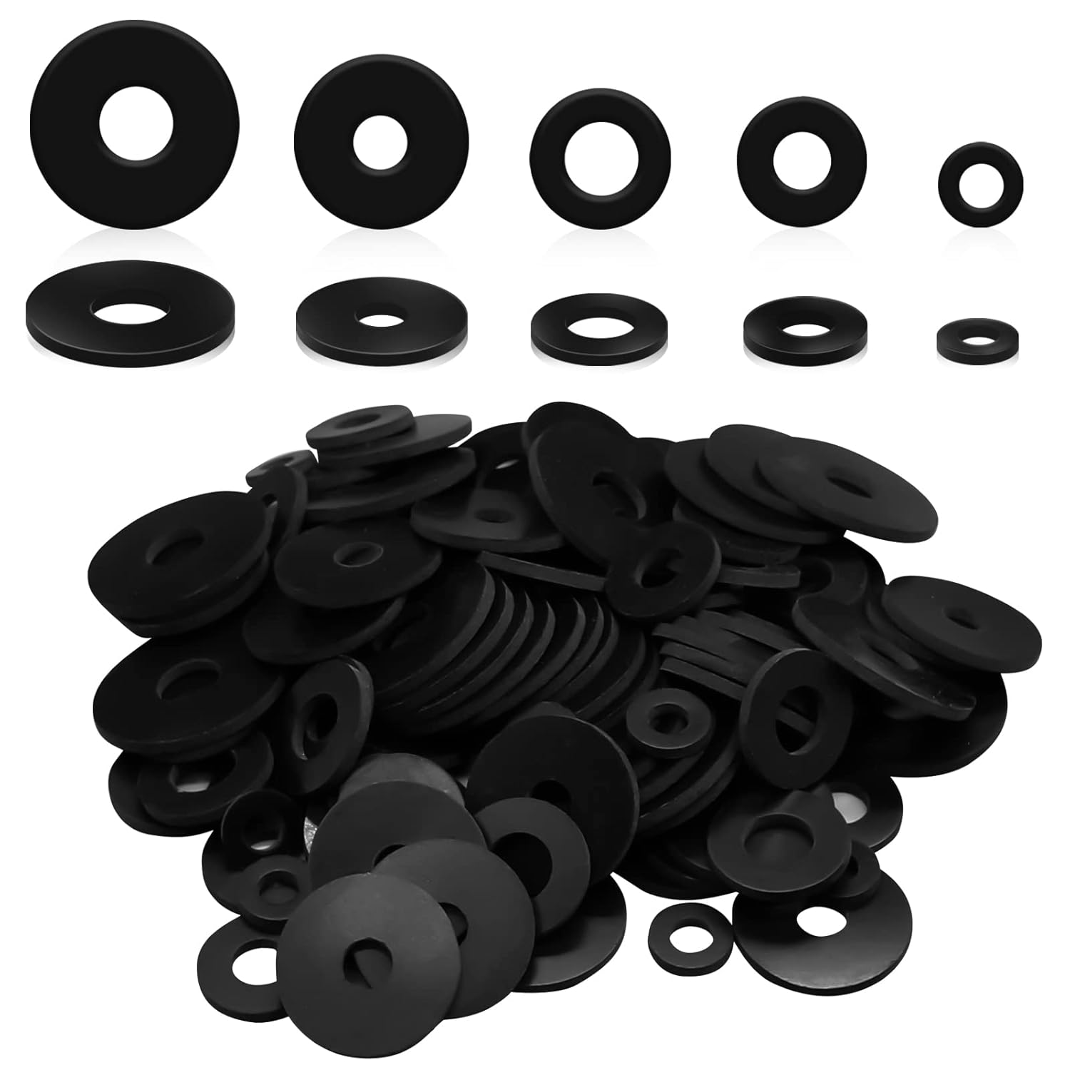 120PCS Heavy Duty Rubber Flat Washers Kit, 5 Sizes (12/18/20/25/30mm) , Black, f